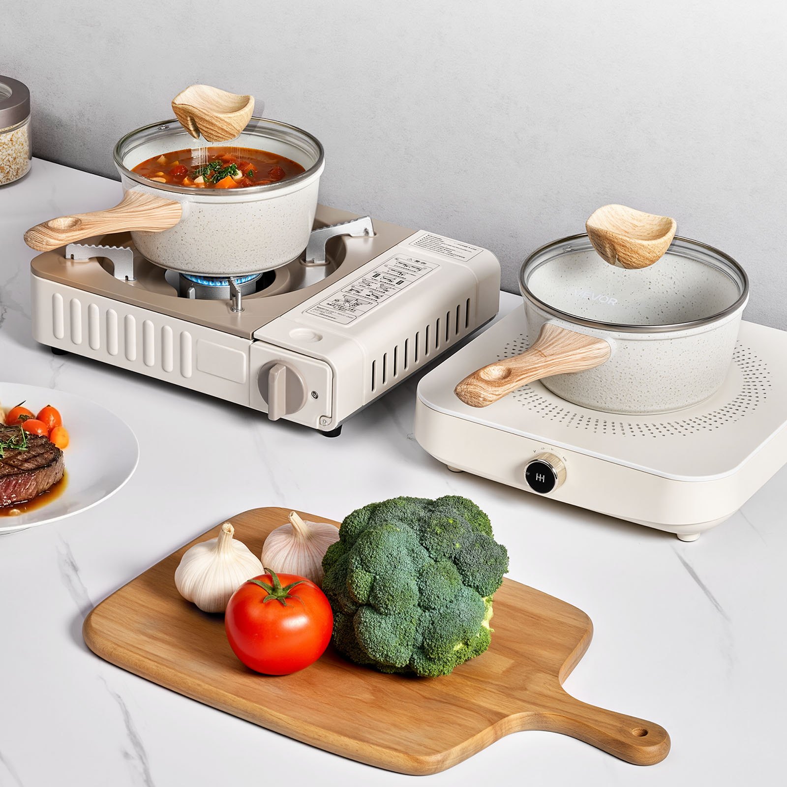 VEVOR Cacerola de 1,42 L con Tapa de Vidrio Templado, con Asa Extraíble, de Aleación de Aluminio, para Leche y Verduras, Recubrimiento Antiadherente, Color Blanco Crema, 330 x 170 x 130 mm, 1 ud