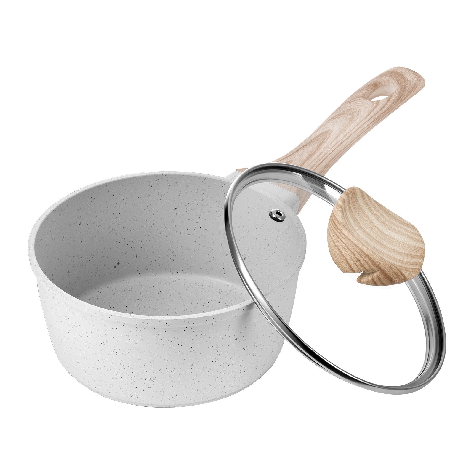 VEVOR Cacerola de 1,42 L con Tapa de Vidrio Templado, con Asa Extraíble, de Aleación de Aluminio, para Leche y Verduras, Recubrimiento Antiadherente, Color Blanco Crema, 330 x 170 x 130 mm, 1 ud