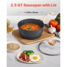 VEVOR Cacerola de Gran Capacidad de 2,37 L con Tapa de Vidrio Templado, Olla para Sopa y Verduras con Asa Extraíble, Revestimiento Antiadherente, Aleación de Aluminio, Negro, 370 x 210 x 155 mm