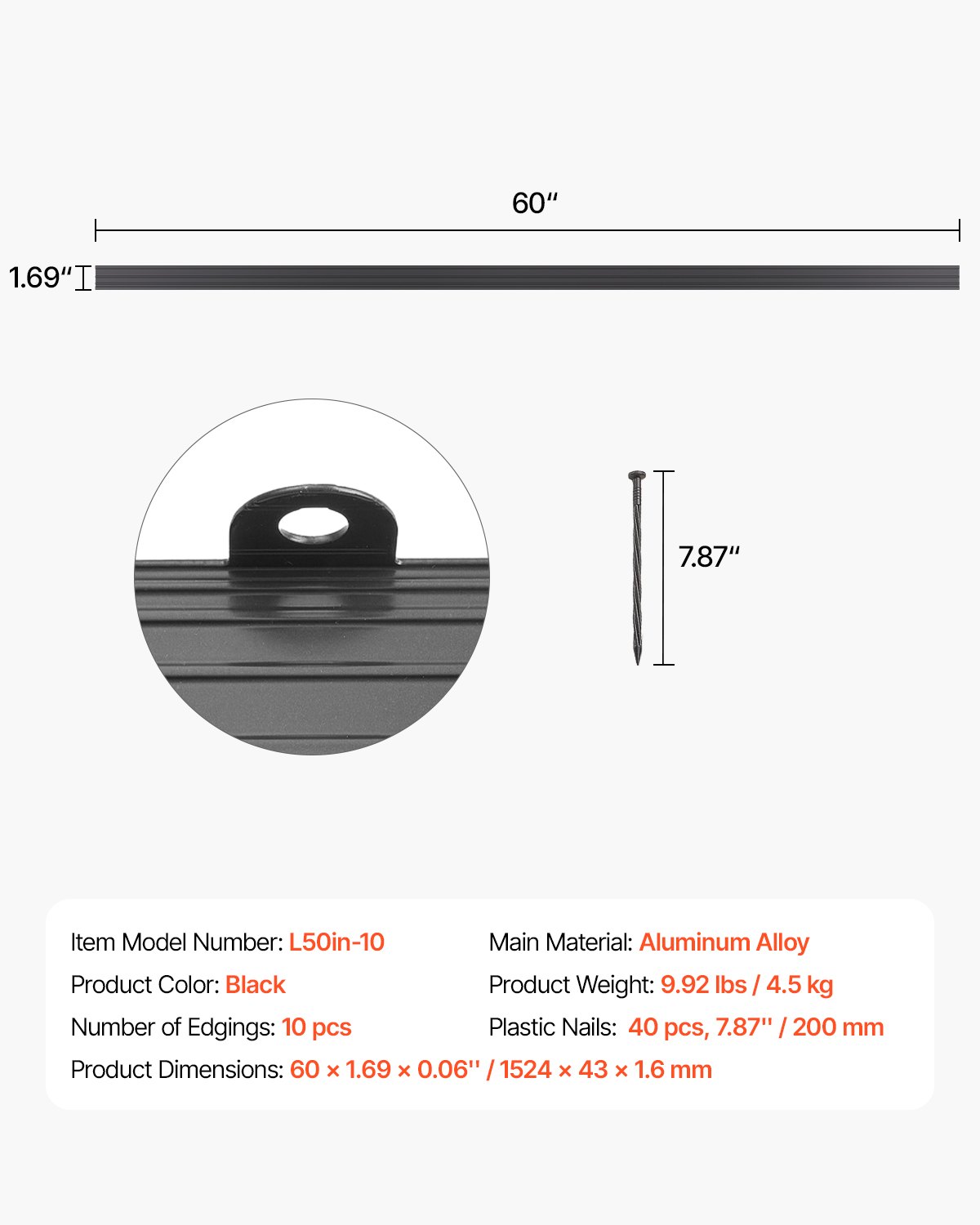 VEVOR 10 PCS Borde de Metal para Jardín de 1524 x 43 x 1,6 mm, Cerca de Borde de Jardín Flexible de Aleación de Aluminio Resistente a la Oxidación para Parterres de Flores y Caminos de Jardín, Negro