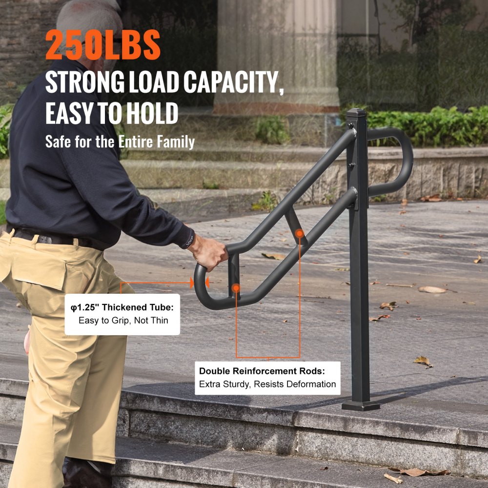 VEVOR Pasamanos de Escalera para Escalones Exteriores 1029 mm Barandilla de Seguridad Montado en Piso para 1-2 Escalones Pasamanos de Un Solo Poste para Personas Mayores, Embarazadas, Discapacitadas