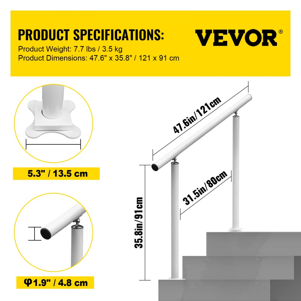 VEVOR Pasamanos de Escalera Longitud 121,9 cm, Barandilla de Escalera Altura 86,4 cm, Pasamanos para Aire Libre con Espesor de 2 mm, Pasamanos para Exteriores e Interiores Rango Ajustable Color Blanco