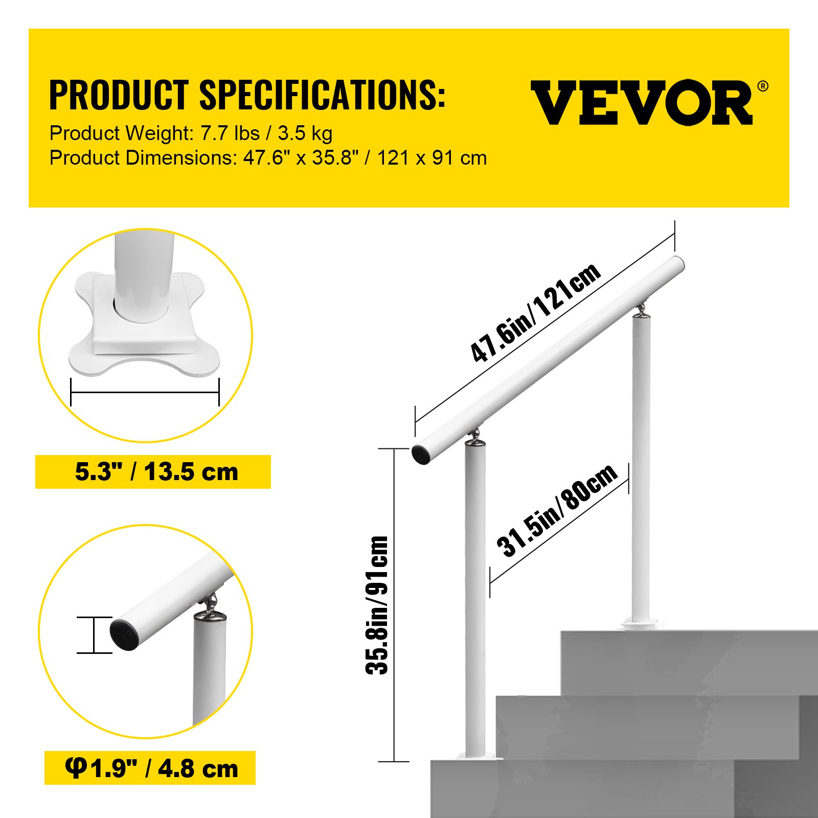 VEVOR Pasamanos de Escalera Longitud 121,9 cm, Barandilla de Escalera Altura 86,4 cm, Pasamanos para Aire Libre con Espesor de 2 mm, Pasamanos para Exteriores e Interiores Rango Ajustable Color Blanco