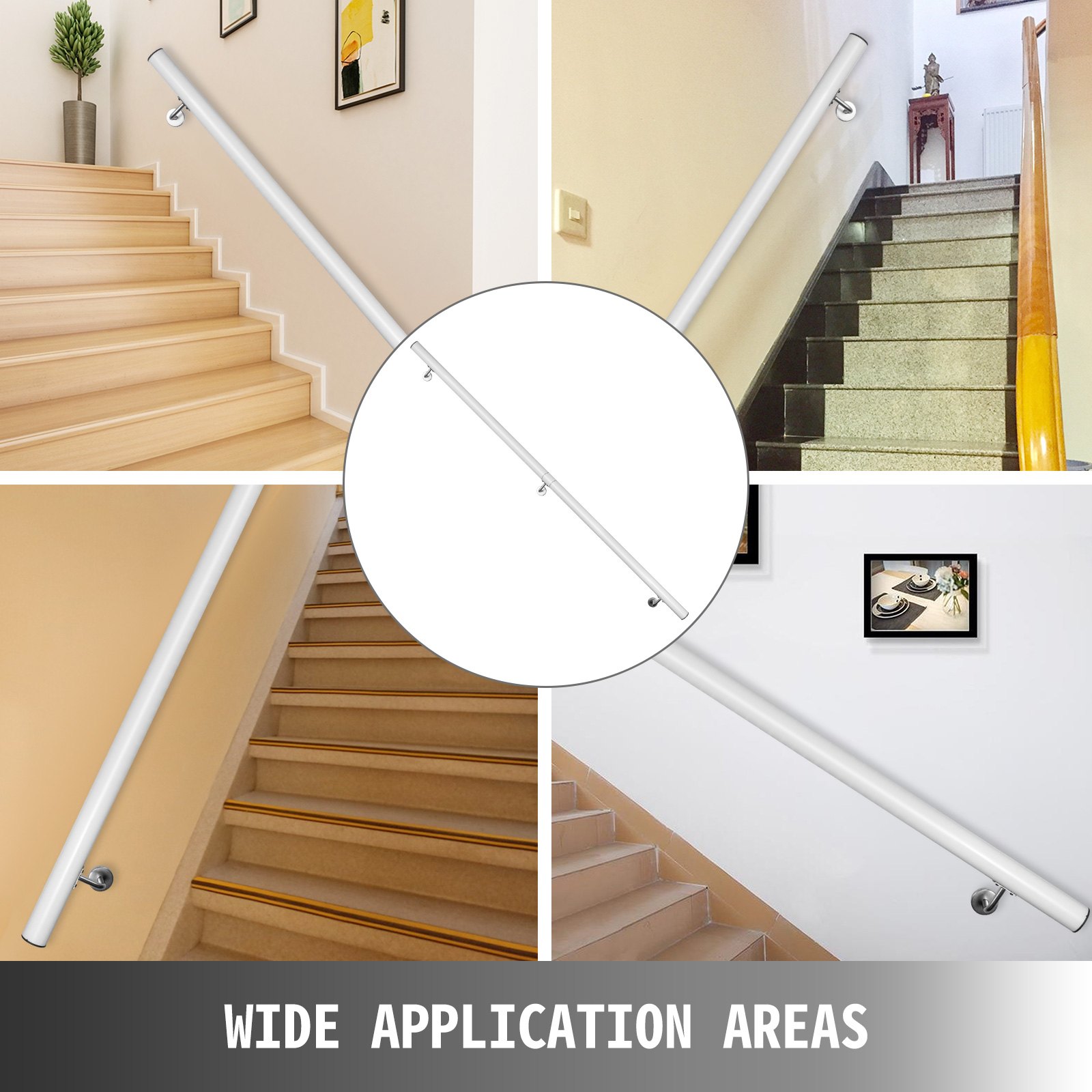 VEVOR Pasamanos Escalera 183 cm, Barandilla Escalera 183 cm, Pasamanos para Escaleras, Pasamanos de Pared, Montaje en Pared, de Aluminio, Color Blanco, para Escaleras Interiores y Exteriores, Loft