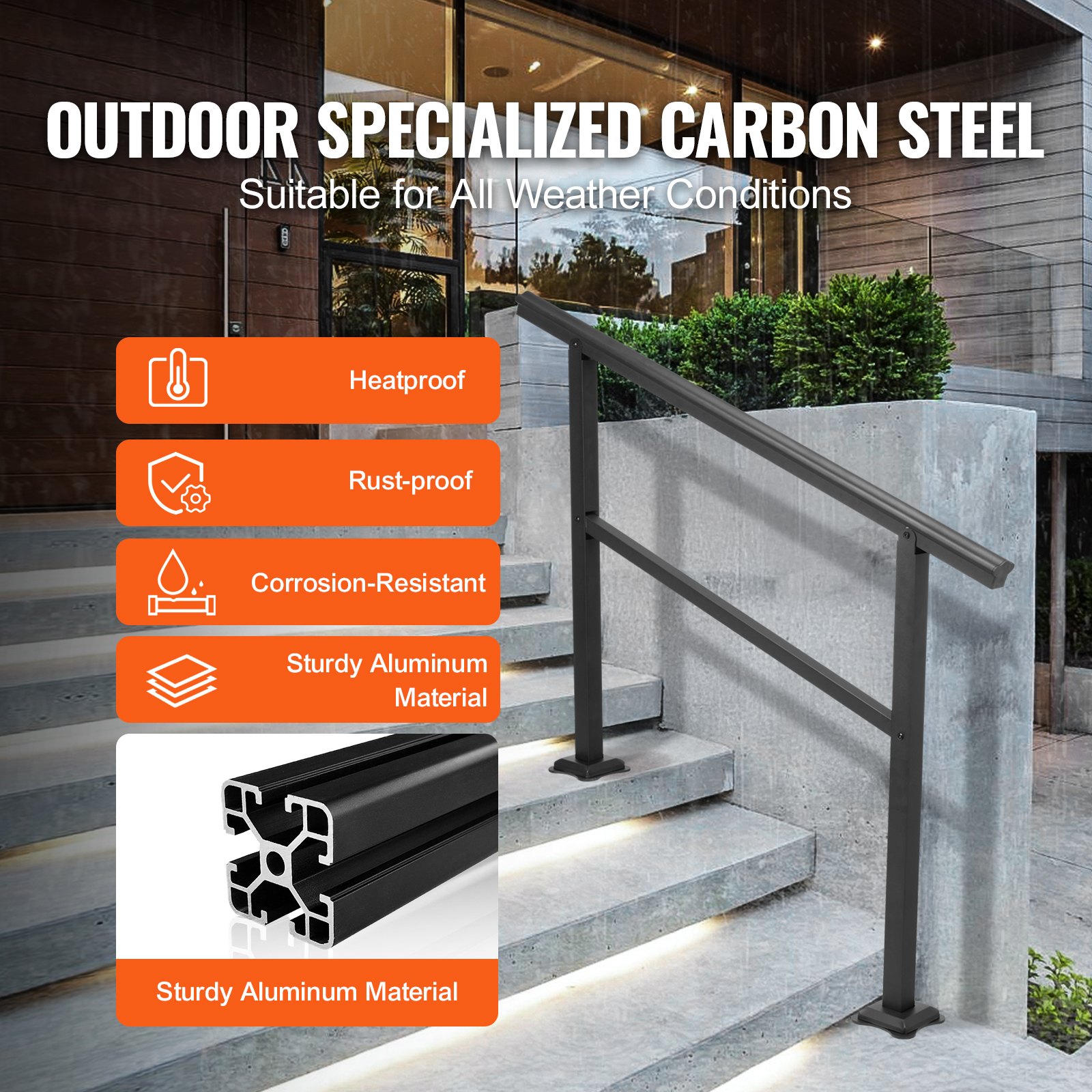 VEVR Aluminum Stair Railing 122 x 90 cm, Outdoor Entrance Railing 0-45 Degrees, Aluminum Entrance Handrail, Rustproof, Wear-Resistant and Rock-Hard for Private Homes and Offices, Black