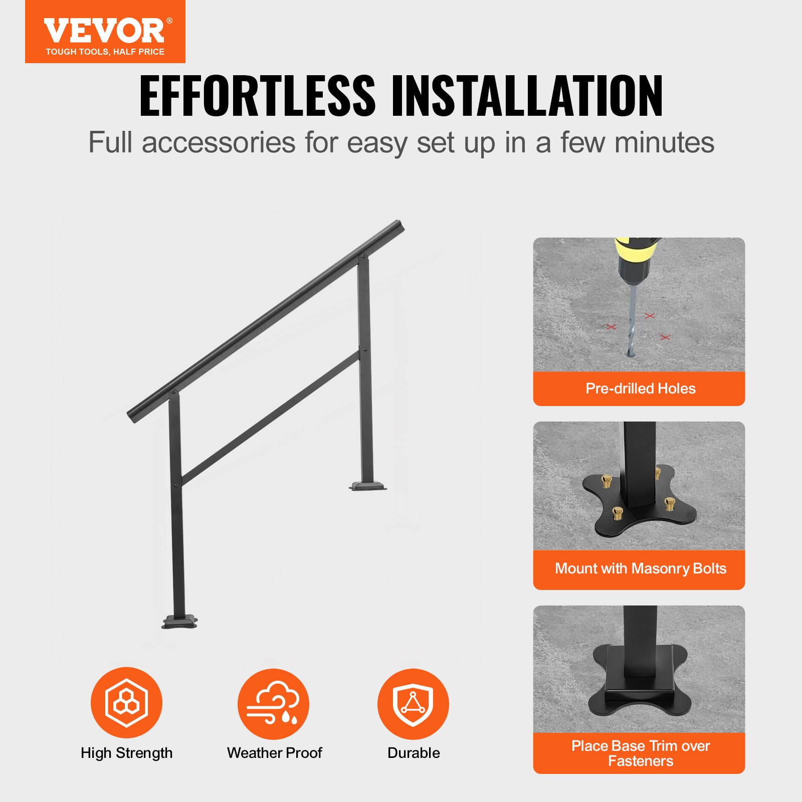 VEVOR Pasamanos Escalera 121,9 x 90,2 cm, Barandilla Escalera de Aluminio / Hierro, Pasamanos para Aire Libre con Espesor de 2 mm, Pasamanos para Adaptar a 1, 2 o 3 Pasos, Rango Ajustable, Color Negro