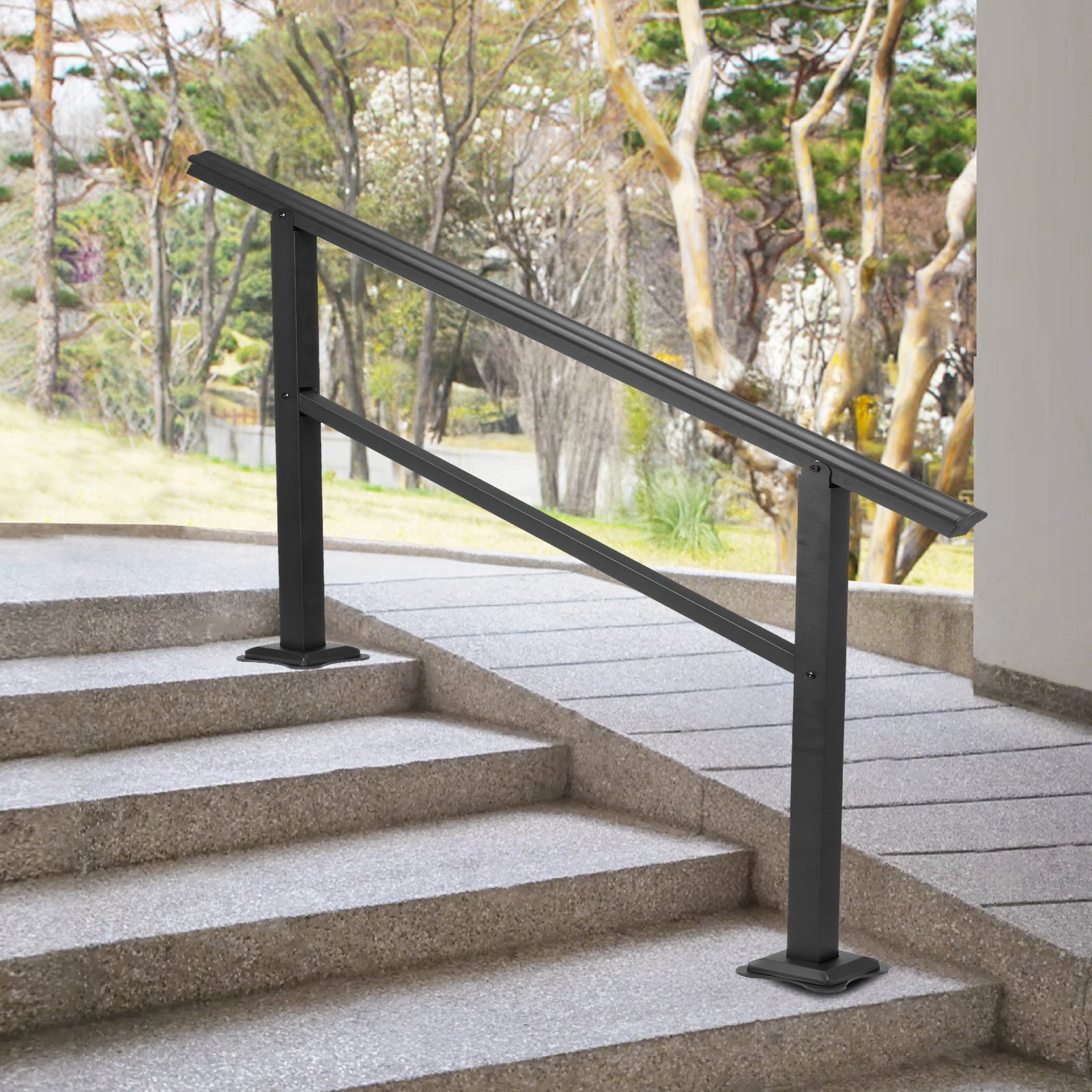 VEVOR Pasamanos Escalera 121,9 x 90,2 cm, Barandilla Escalera de Aluminio / Hierro, Pasamanos para Aire Libre con Espesor de 2 mm, Pasamanos para Adaptar a 1, 2 o 3 Pasos, Rango Ajustable, Color Negro