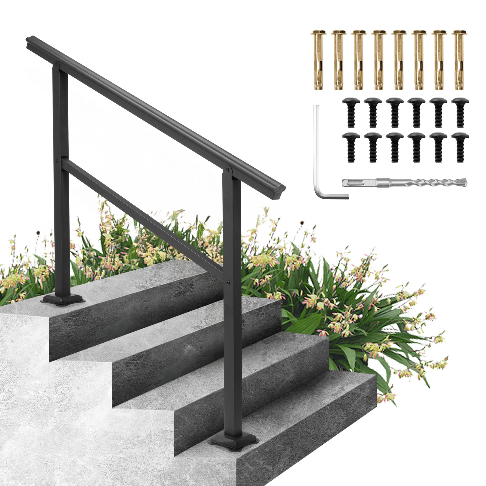 VEVOR Pasamanos Escalera 121,9 x 90,2 cm, Barandilla Escalera de Aluminio / Hierro, Pasamanos para Aire Libre con Espesor de 2 mm, Pasamanos para Adaptar a 1, 2 o 3 Pasos, Rango Ajustable, Color Negro