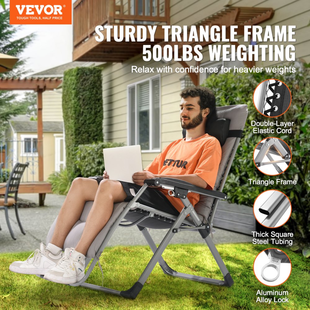 VEVOR Zero Gravity Chair, 26-inch Zero Gravity Recliner for Indoor and Outdoor Use, Adjustable Anti-Gravity Chair with Cushion, Headrest, Footrest and Cup Holder, 500 lbs, Gray