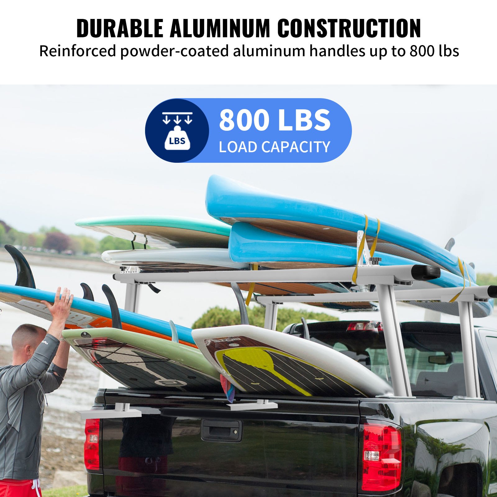VEVOR Portaequipajes para Coche de Aluminio Barras Transversales Universales Carga de 362,9kg Portaequipajes para Camiones 1,8 x 0,71 x 0,2 m con 4 Abrazaderas Longitud Ajustable de 900-1870 mm Blanco