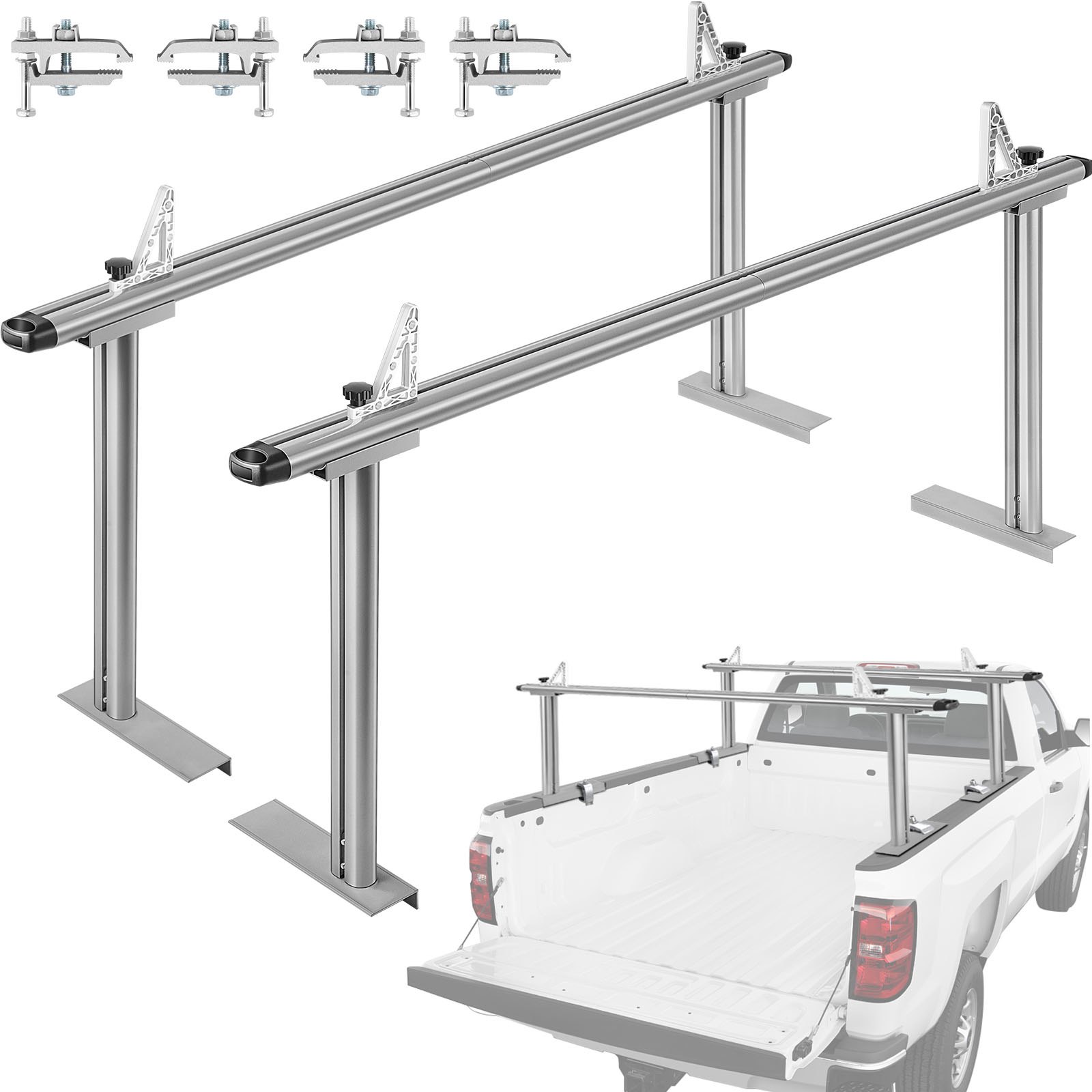 VEVOR Portaequipajes para Coche de Aluminio Barras Transversales Universales Carga de 362,9 kg Portaequipajes para Camiones 1,8 x 0,66 x 0,2 m con 4 Abrazaderas Longitud Ajustable de 430-1560 mm Plata