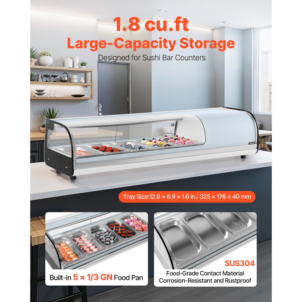 VEVOR Vitrina Refrigerada de 52 L para Sushi, 5 Bandejas, con Vidrio Curvo, Iluminación LED y Control Digital de Temperatura, Ideal para Mostradores, Restaurantes y Tiendas, 1340 x 425 x 290 mm
