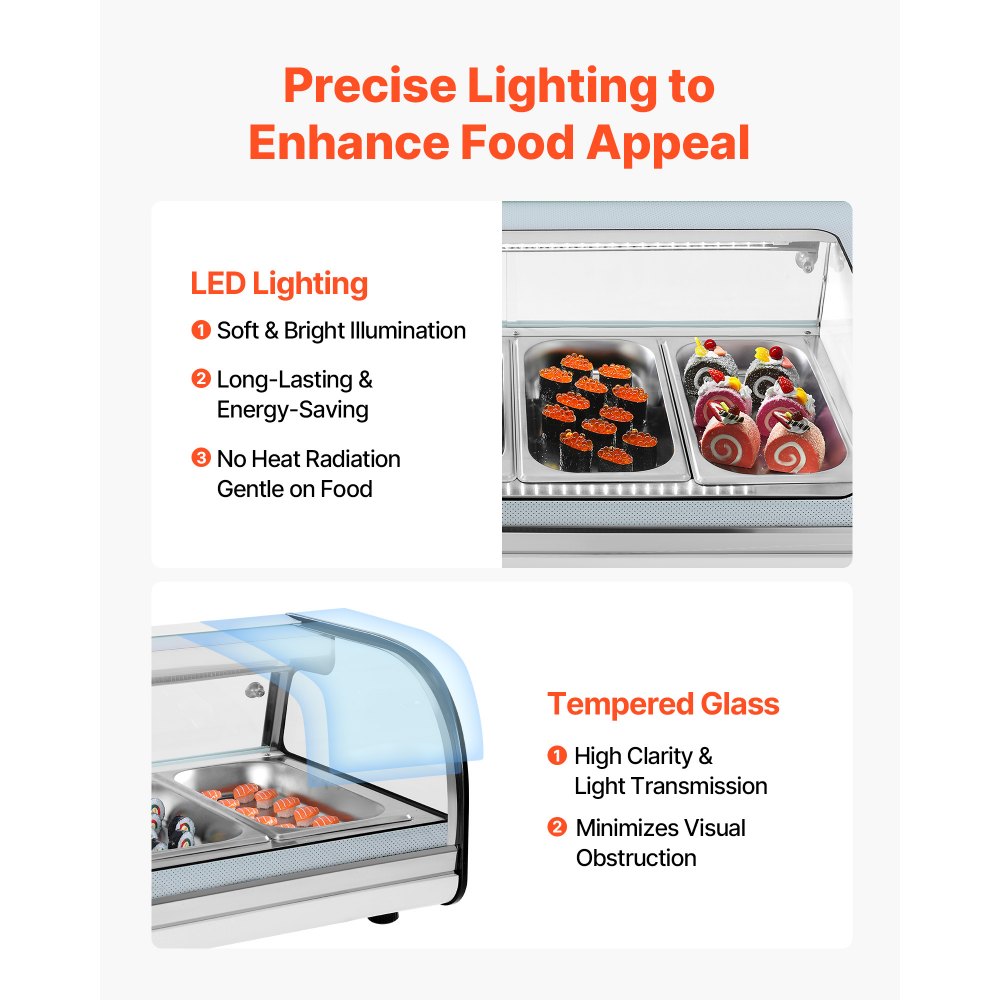 VEVOR Vitrina Refrigerada de 52 L para Sushi, 5 Bandejas, con Vidrio Curvo, Iluminación LED y Control Digital de Temperatura, Ideal para Mostradores, Restaurantes y Tiendas, 1340 x 425 x 290 mm