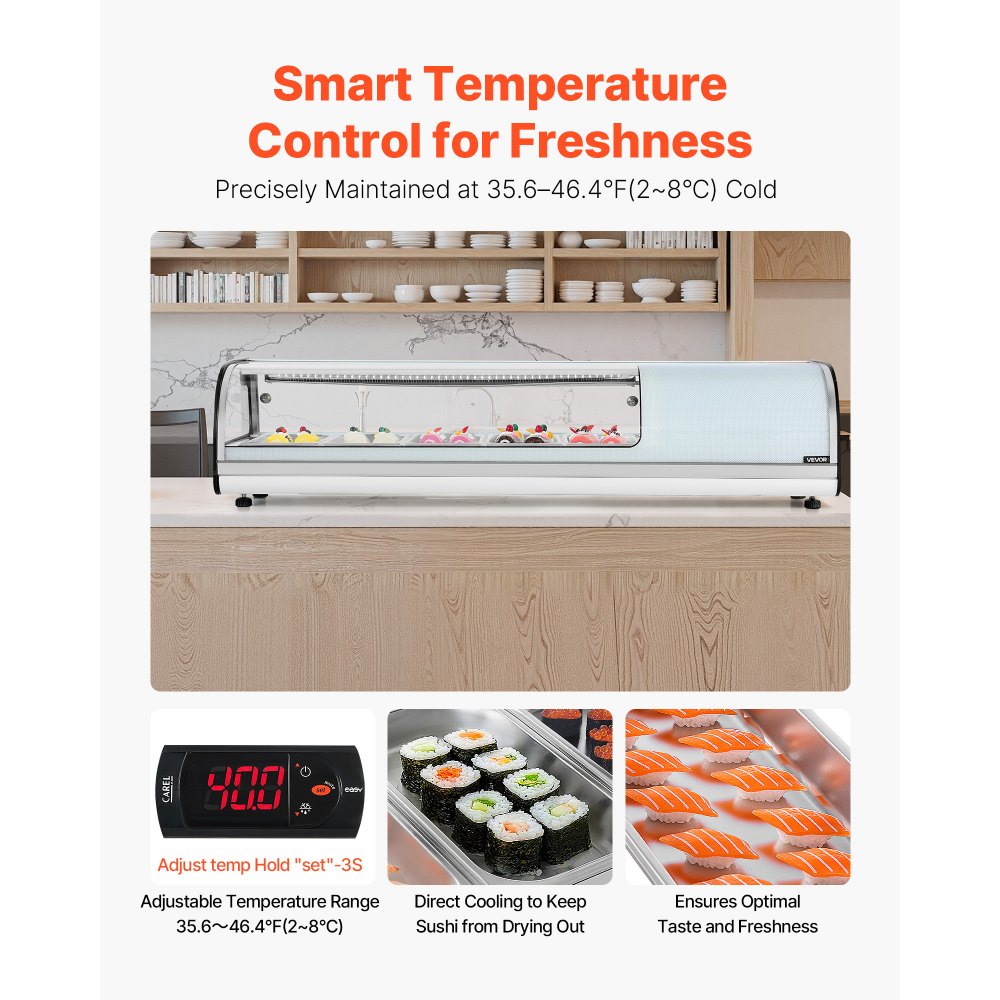 VEVOR Vitrina Refrigerada de 52 L para Sushi, 5 Bandejas, con Vidrio Curvo, Iluminación LED y Control Digital de Temperatura, Ideal para Mostradores, Restaurantes y Tiendas, 1340 x 425 x 290 mm