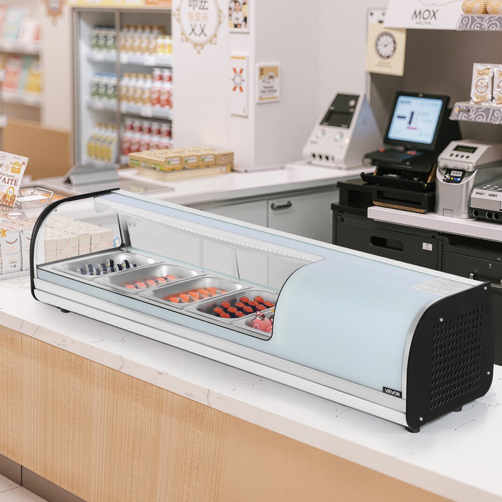VEVOR Vitrina Refrigerada de 52 L para Sushi, 5 Bandejas, con Vidrio Curvo, Iluminación LED y Control Digital de Temperatura, Ideal para Mostradores, Restaurantes y Tiendas, 1340 x 425 x 290 mm