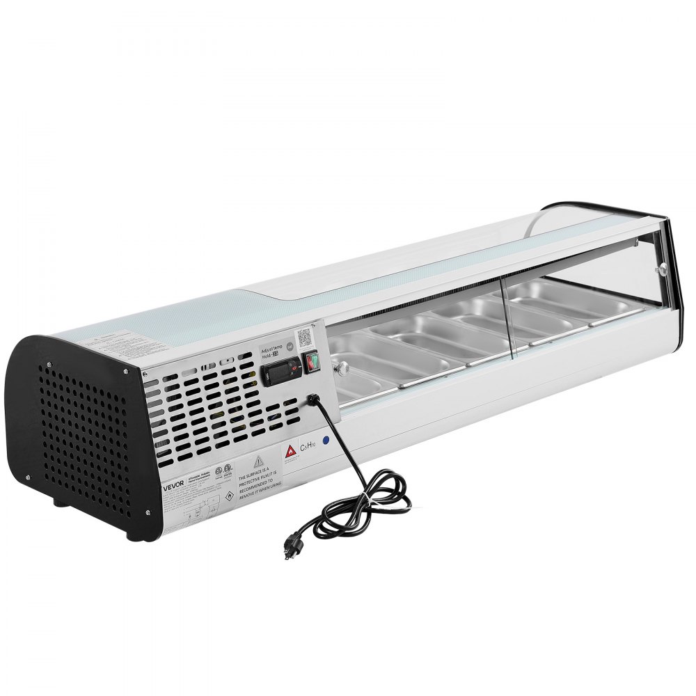 VEVOR Vitrina Refrigerada de 52 L para Sushi, 5 Bandejas, con Vidrio Curvo, Iluminación LED y Control Digital de Temperatura, Ideal para Mostradores, Restaurantes y Tiendas, 1340 x 425 x 290 mm