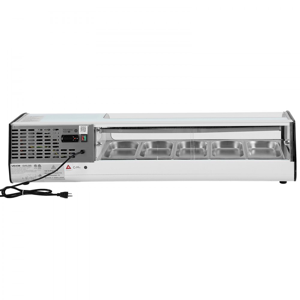 VEVOR Vitrina Refrigerada de 52 L para Sushi, 5 Bandejas, con Vidrio Curvo, Iluminación LED y Control Digital de Temperatura, Ideal para Mostradores, Restaurantes y Tiendas, 1340 x 425 x 290 mm