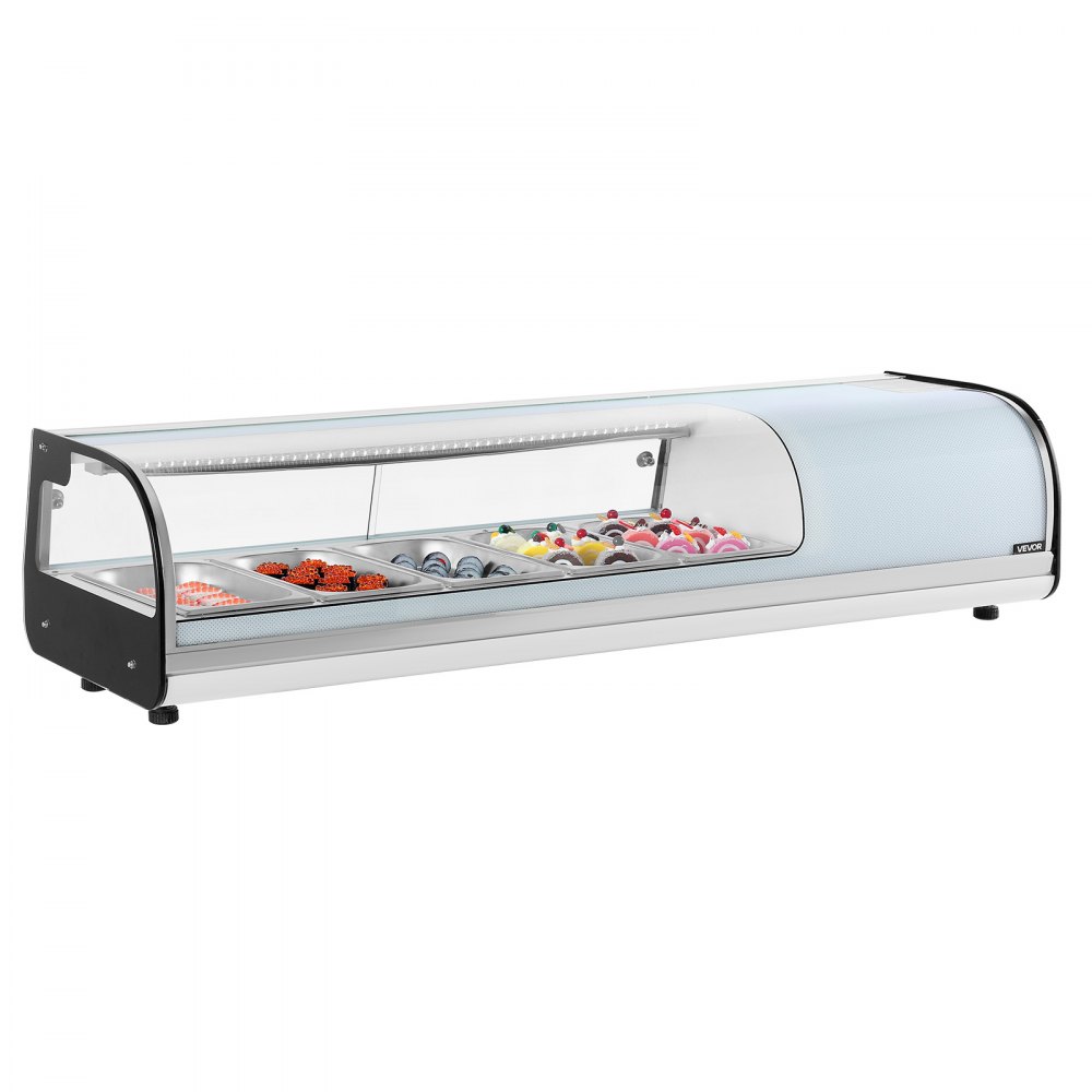 VEVOR Vitrina Refrigerada de 52 L para Sushi, 5 Bandejas, con Vidrio Curvo, Iluminación LED y Control Digital de Temperatura, Ideal para Mostradores, Restaurantes y Tiendas, 1340 x 425 x 290 mm