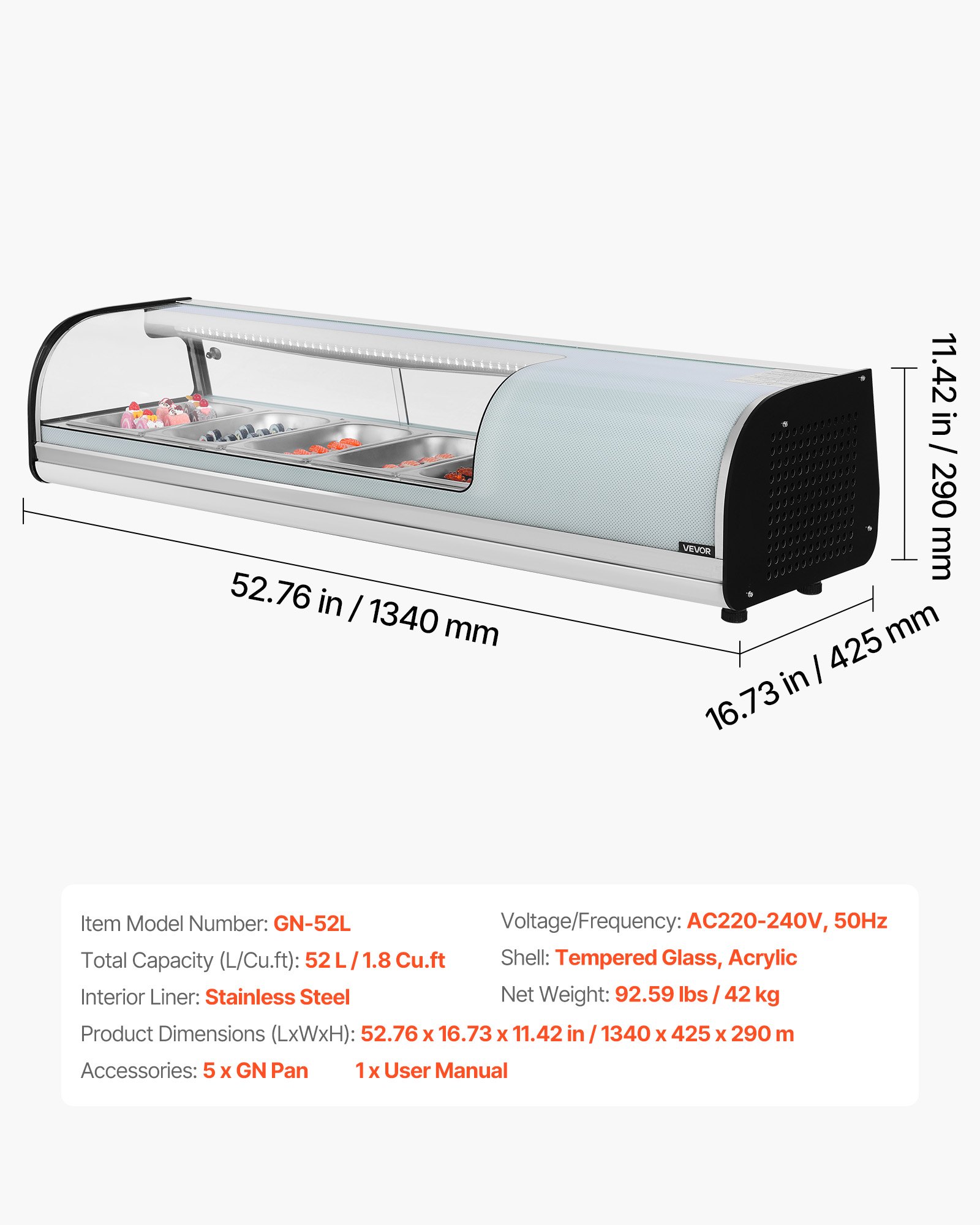 VEVOR Vitrina Refrigerada de 52 L para Sushi, 5 Bandejas, con Vidrio Curvo, Iluminación LED y Control Digital de Temperatura, Ideal para Mostradores, Restaurantes y Tiendas, 1340 x 425 x 290 mm