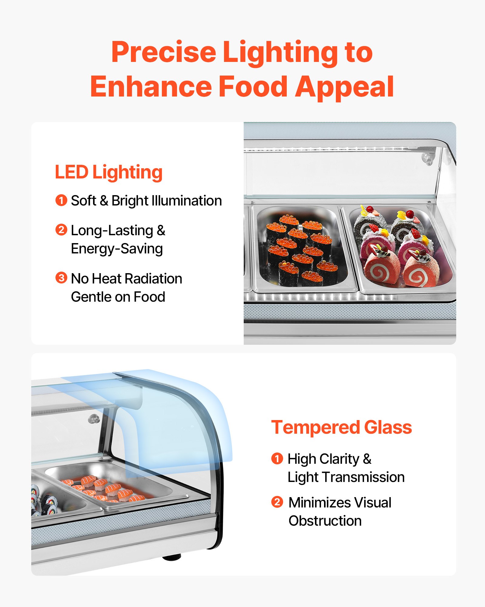 VEVOR Vitrina Refrigerada de 52 L para Sushi, 5 Bandejas, con Vidrio Curvo, Iluminación LED y Control Digital de Temperatura, Ideal para Mostradores, Restaurantes y Tiendas, 1340 x 425 x 290 mm