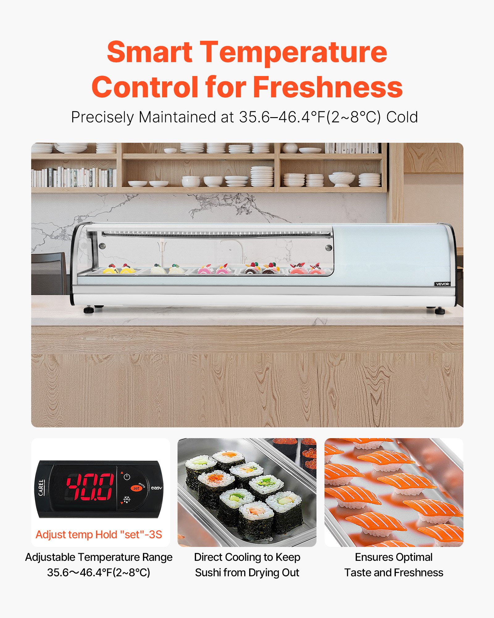 VEVOR Vitrina Refrigerada de 52 L para Sushi, 5 Bandejas, con Vidrio Curvo, Iluminación LED y Control Digital de Temperatura, Ideal para Mostradores, Restaurantes y Tiendas, 1340 x 425 x 290 mm