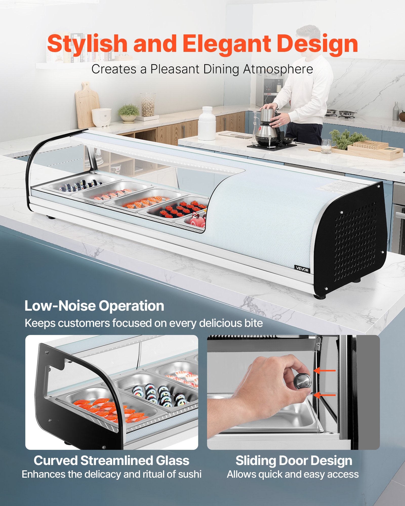 VEVOR Vitrina Refrigerada de 52 L para Sushi, 5 Bandejas, con Vidrio Curvo, Iluminación LED y Control Digital de Temperatura, Ideal para Mostradores, Restaurantes y Tiendas, 1340 x 425 x 290 mm
