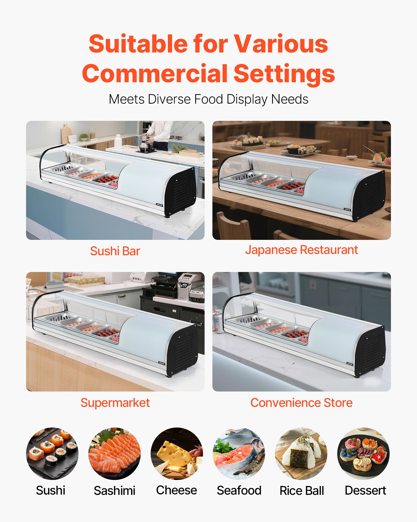 VEVOR Vitrina Refrigerada de 52 L para Sushi, 5 Bandejas, con Vidrio Curvo, Iluminación LED y Control Digital de Temperatura, Ideal para Mostradores, Restaurantes y Tiendas, 1340 x 425 x 290 mm