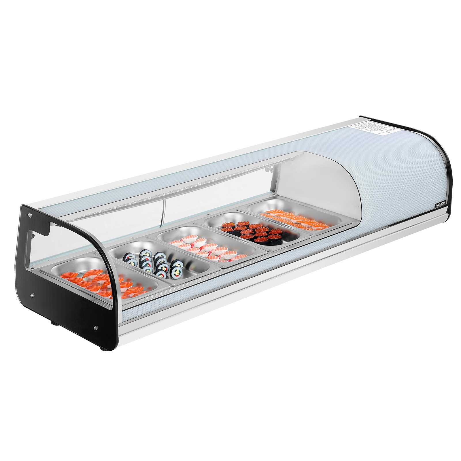 VEVOR Vitrina Refrigerada de 52 L para Sushi, 5 Bandejas, con Vidrio Curvo, Iluminación LED y Control Digital de Temperatura, Ideal para Mostradores, Restaurantes y Tiendas, 1340 x 425 x 290 mm