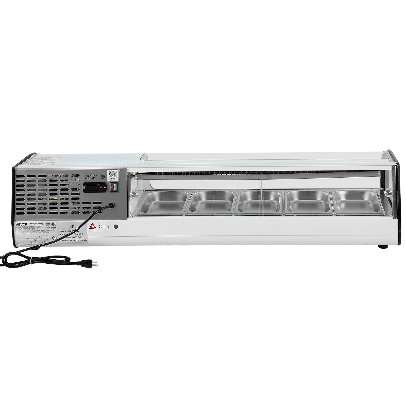 VEVOR Vitrina Refrigerada de 52 L para Sushi, 5 Bandejas, con Vidrio Curvo, Iluminación LED y Control Digital de Temperatura, Ideal para Mostradores, Restaurantes y Tiendas, 1340 x 425 x 290 mm