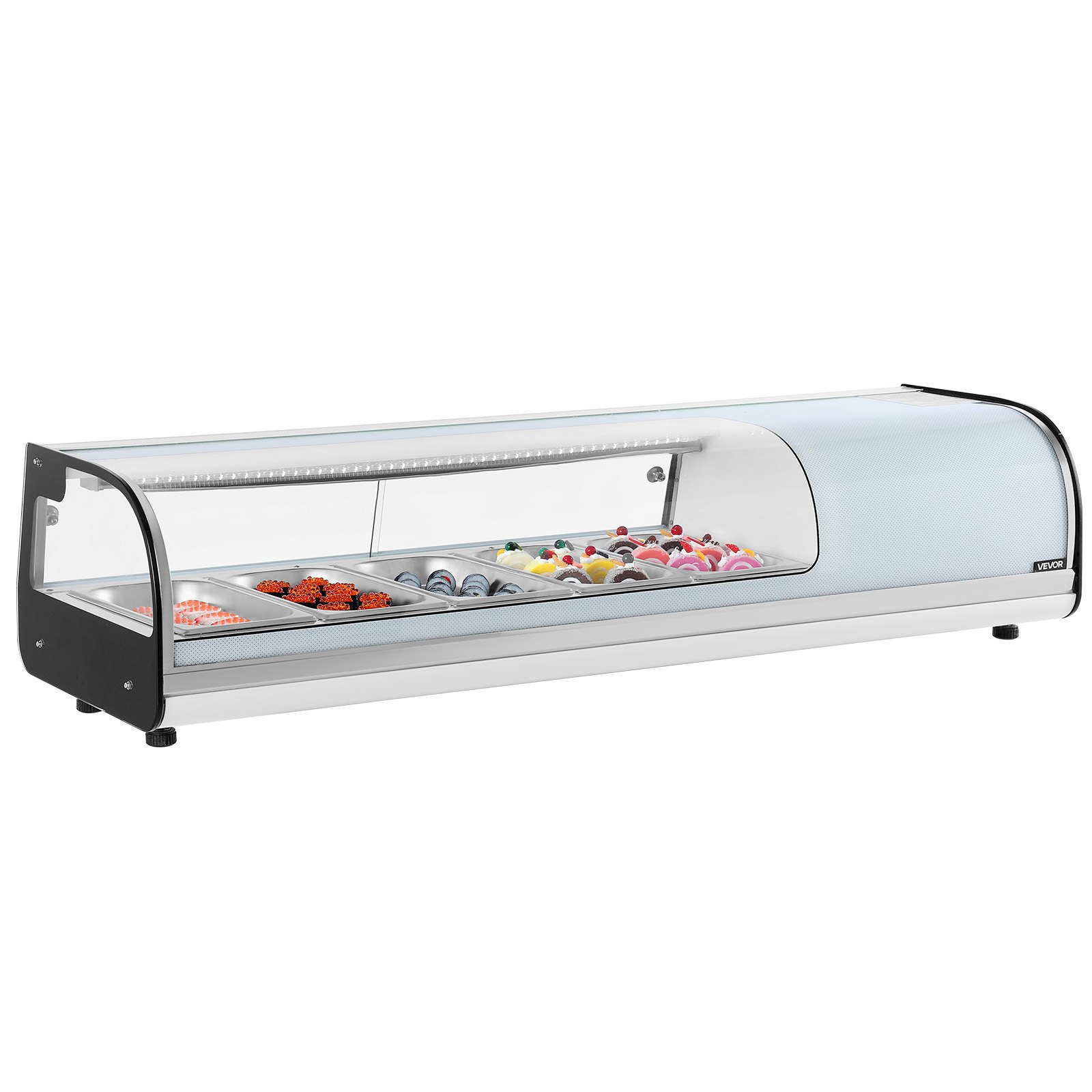 VEVOR Vitrina Refrigerada de 52 L para Sushi, 5 Bandejas, con Vidrio Curvo, Iluminación LED y Control Digital de Temperatura, Ideal para Mostradores, Restaurantes y Tiendas, 1340 x 425 x 290 mm