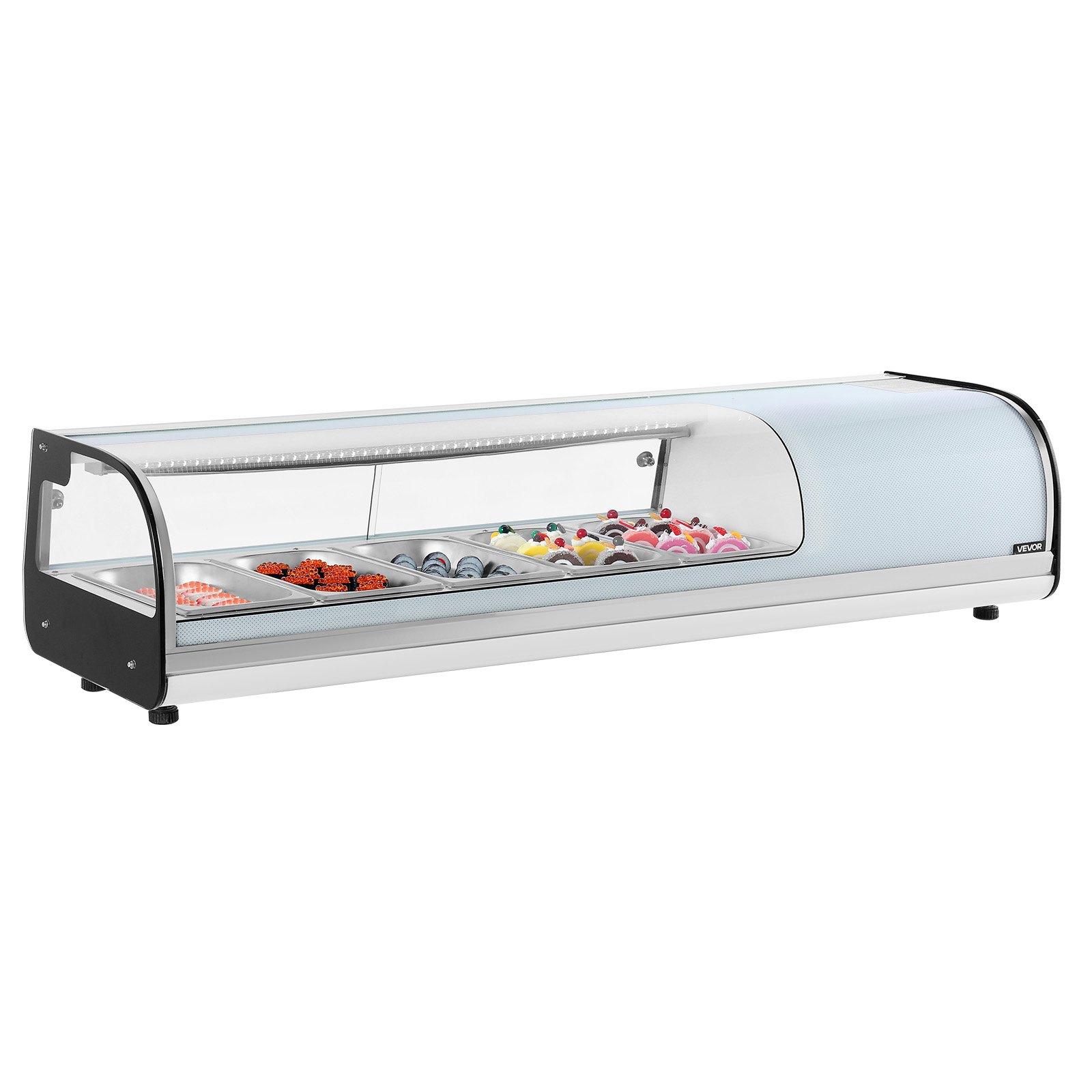 VEVOR Vitrina Refrigerada de 52 L para Sushi, 5 Bandejas, con Vidrio Curvo, Iluminación LED y Control Digital de Temperatura, Ideal para Mostradores, Restaurantes y Tiendas, 1340 x 425 x 290 mm