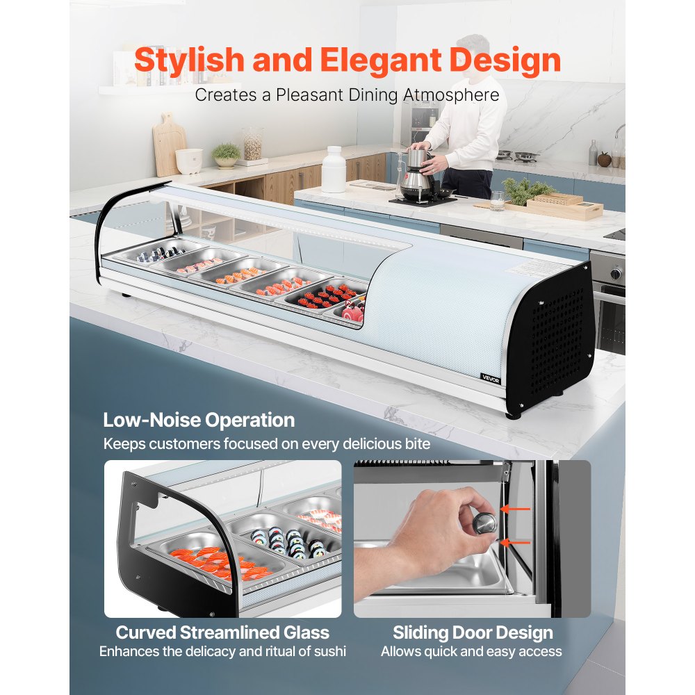 VEVOR Vitrina Refrigerada 62 L para sushi, 6 bandejas, con vidrio curvo, iluminación LED y control digital de temperatura, para mostradores, restaurantes y tiendas, 1510 x 425 x 290 mm, 2 a 8 °C