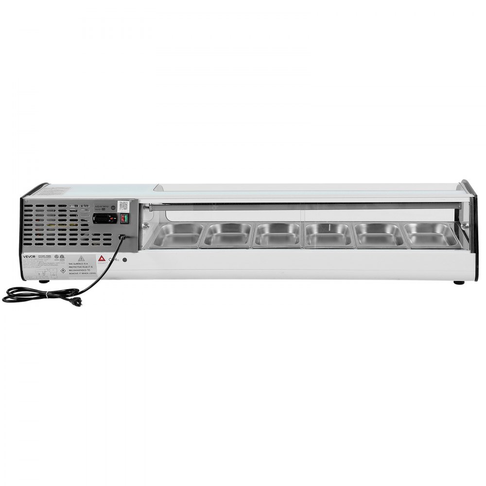 VEVOR Vitrina Refrigerada 62 L para sushi, 6 bandejas, con vidrio curvo, iluminación LED y control digital de temperatura, para mostradores, restaurantes y tiendas, 1510 x 425 x 290 mm, 2 a 8 °C
