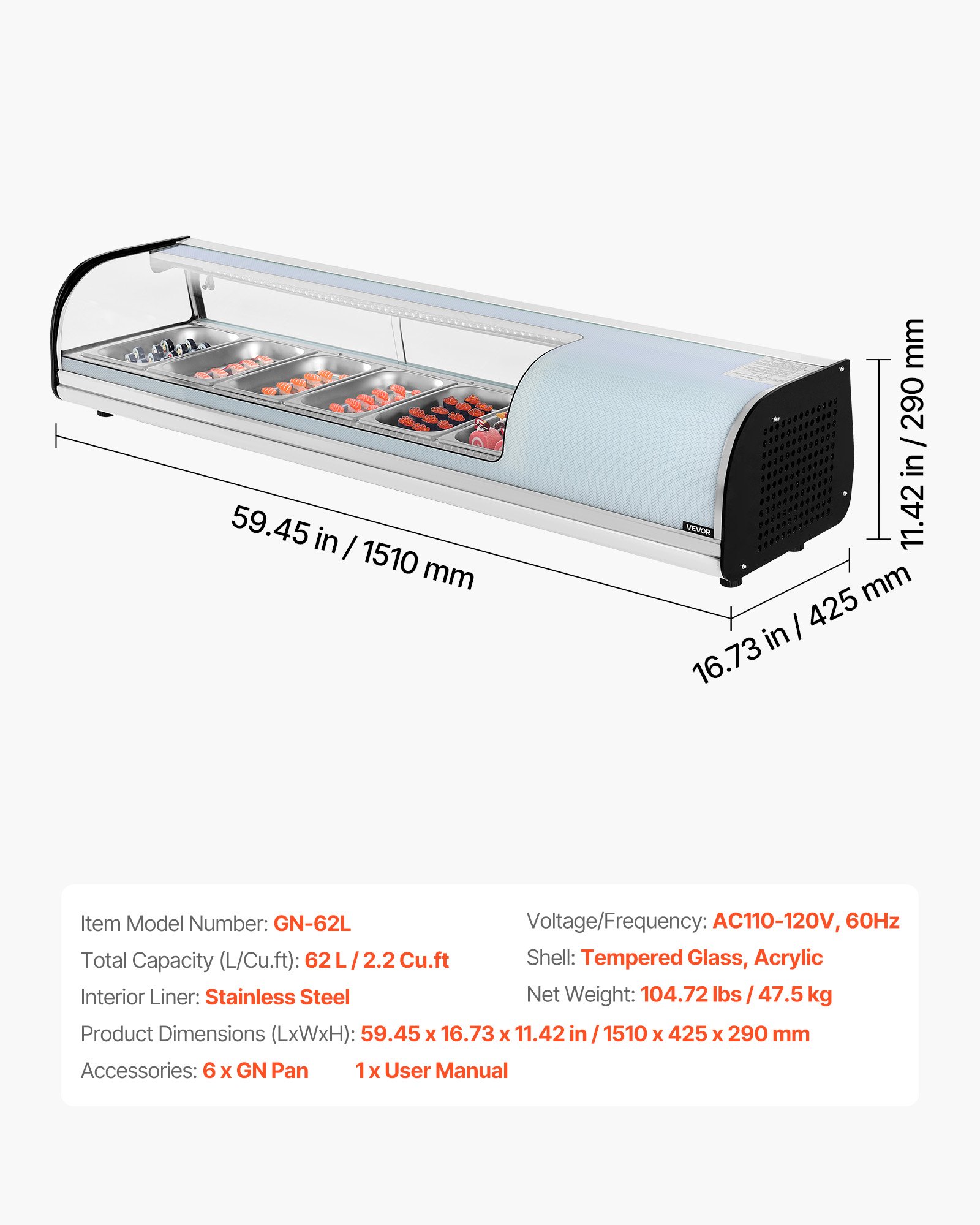 VEVOR Vitrina Refrigerada 62 L para sushi, 6 bandejas, con vidrio curvo, iluminación LED y control digital de temperatura, para mostradores, restaurantes y tiendas, 1510 x 425 x 290 mm, 2 a 8 °C