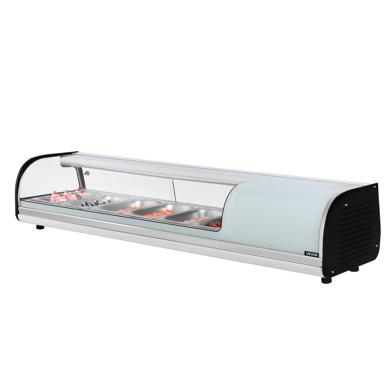 VEVOR Vitrina Refrigerada 62 L para sushi, 6 bandejas, con vidrio curvo, iluminación LED y control digital de temperatura, para mostradores, restaurantes y tiendas, 1510 x 425 x 290 mm, 2 a 8 °C