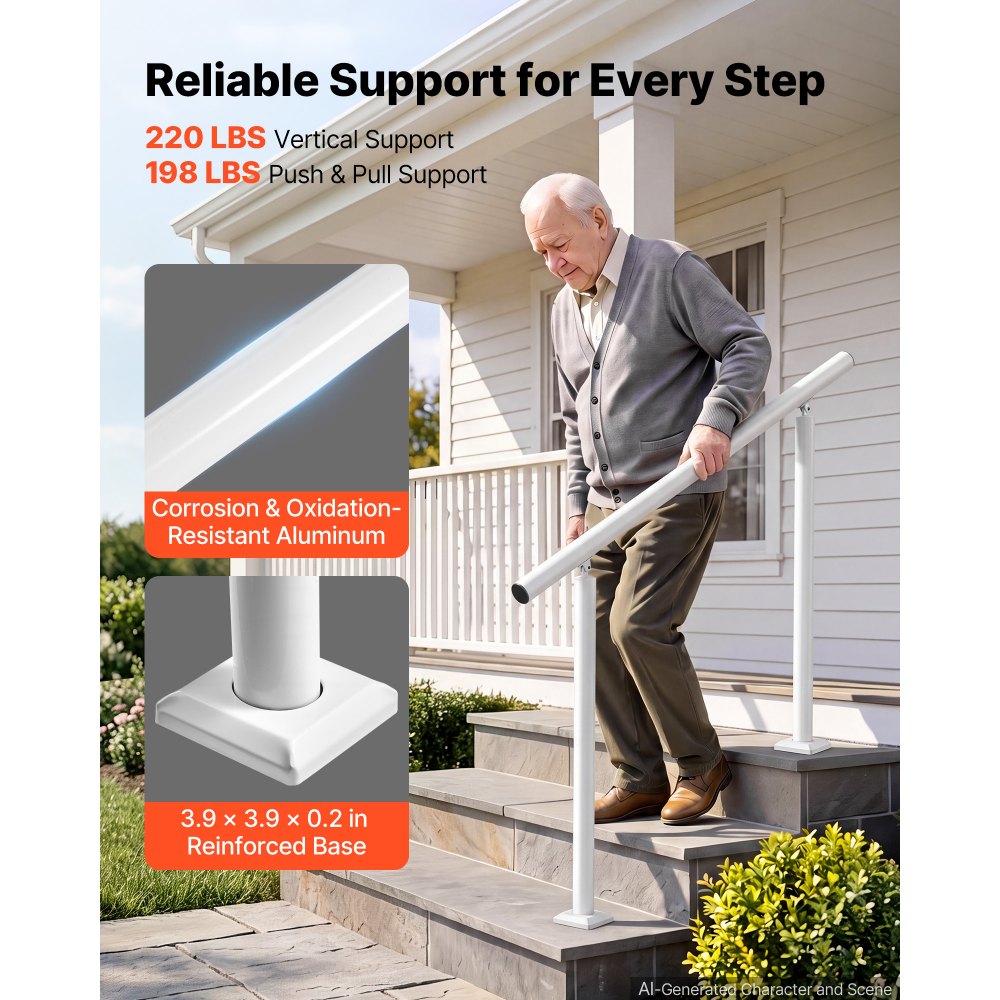 VEVOR Barandilla de Escalera 2-3 Peldaños, Ajustable 0°-60°, Carga 100 kg, Pasamanos de Aluminio Blanco, con Kit de Montaje para Exterior, Tubo Redondo, para Escaleras de Hormigón, Porches y Terrazas