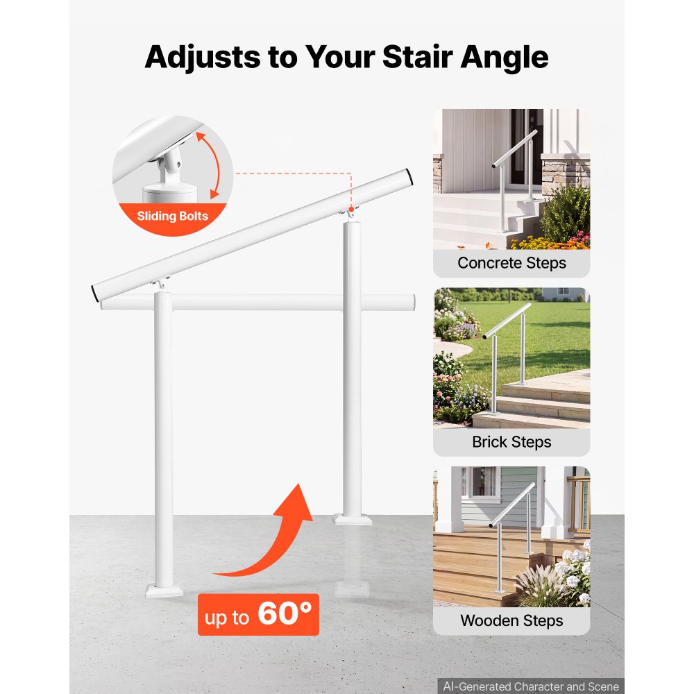 VEVOR Barandilla de Escalera 2-3 Peldaños, Ajustable 0°-60°, Carga 100 kg, Pasamanos de Aluminio Blanco, con Kit de Montaje para Exterior, Tubo Redondo, para Escaleras de Hormigón, Porches y Terrazas
