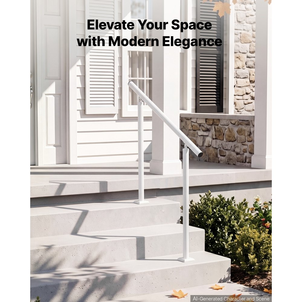 VEVOR Barandilla de Escalera 2-3 Peldaños, Ajustable 0°-60°, Carga 100 kg, Pasamanos de Aluminio Blanco, con Kit de Montaje para Exterior, Tubo Redondo, para Escaleras de Hormigón, Porches y Terrazas