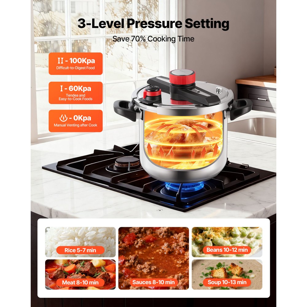 VEVOR Olla a Presión de 11 L, Acero Inoxidable, con Rejilla para Cocinar al Vapor, Tapa de Vidrio Templado, Tres Configuraciones de Presión para Carne, Frijoles, Arroz, Sopa y Salsas, 100 kPa