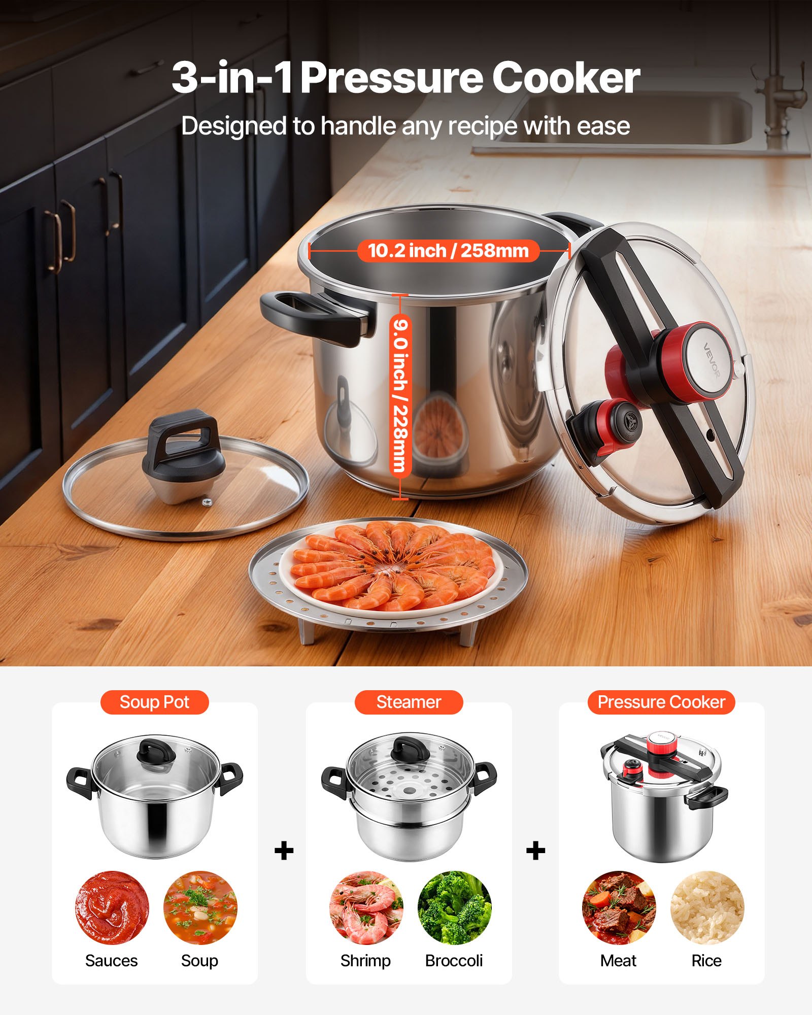 VEVOR Olla a Presión de 11 L, Acero Inoxidable, con Rejilla para Cocinar al Vapor, Tapa de Vidrio Templado, Tres Configuraciones de Presión para Carne, Frijoles, Arroz, Sopa y Salsas, 100 kPa