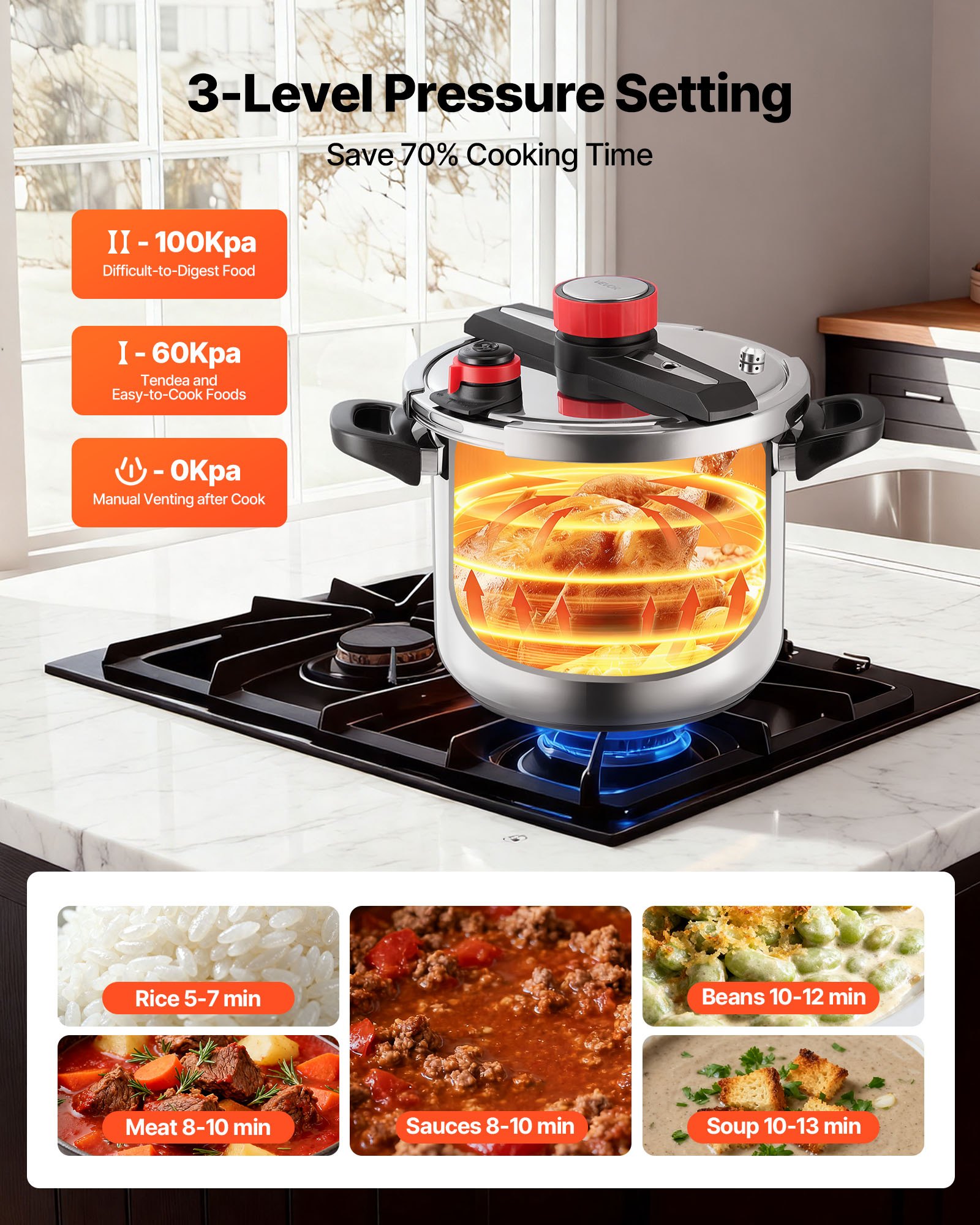 VEVOR Olla a Presión de 11 L, Acero Inoxidable, con Rejilla para Cocinar al Vapor, Tapa de Vidrio Templado, Tres Configuraciones de Presión para Carne, Frijoles, Arroz, Sopa y Salsas, 100 kPa