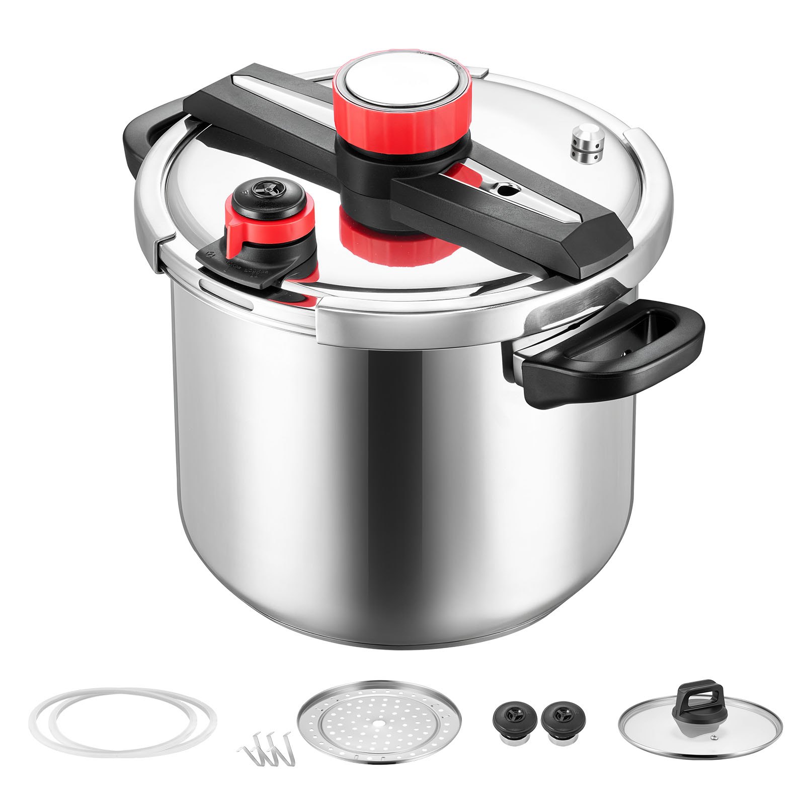 VEVOR Olla a Presión de 11 L, Acero Inoxidable, con Rejilla para Cocinar al Vapor, Tapa de Vidrio Templado, Tres Configuraciones de Presión para Carne, Frijoles, Arroz, Sopa y Salsas, 100 kPa