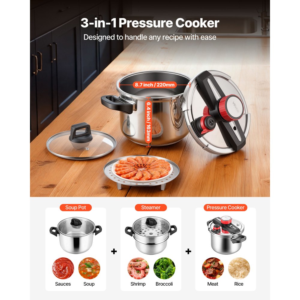 VEVOR Olla a Presión de 6 L, de Acero Inoxidable, con Rejilla para Cocinar al Vapor, Tapa de Vidrio Templado, Tres Configuraciones de Presión para Carne, Frijoles, Arroz, Sopa y Salsas. 100 kPa