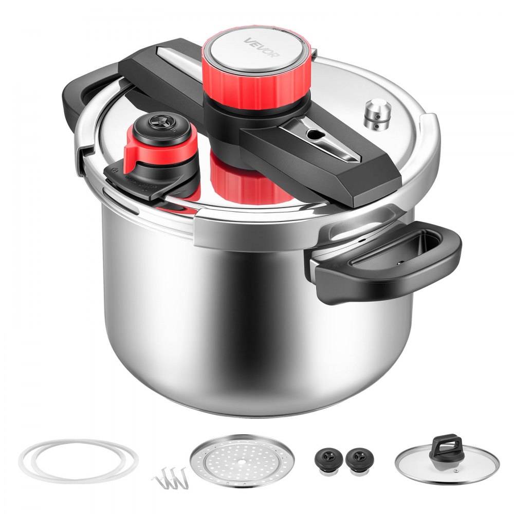 VEVOR Olla a Presión de 6 L, de Acero Inoxidable, con Rejilla para Cocinar al Vapor, Tapa de Vidrio Templado, Tres Configuraciones de Presión para Carne, Frijoles, Arroz, Sopa y Salsas. 100 kPa