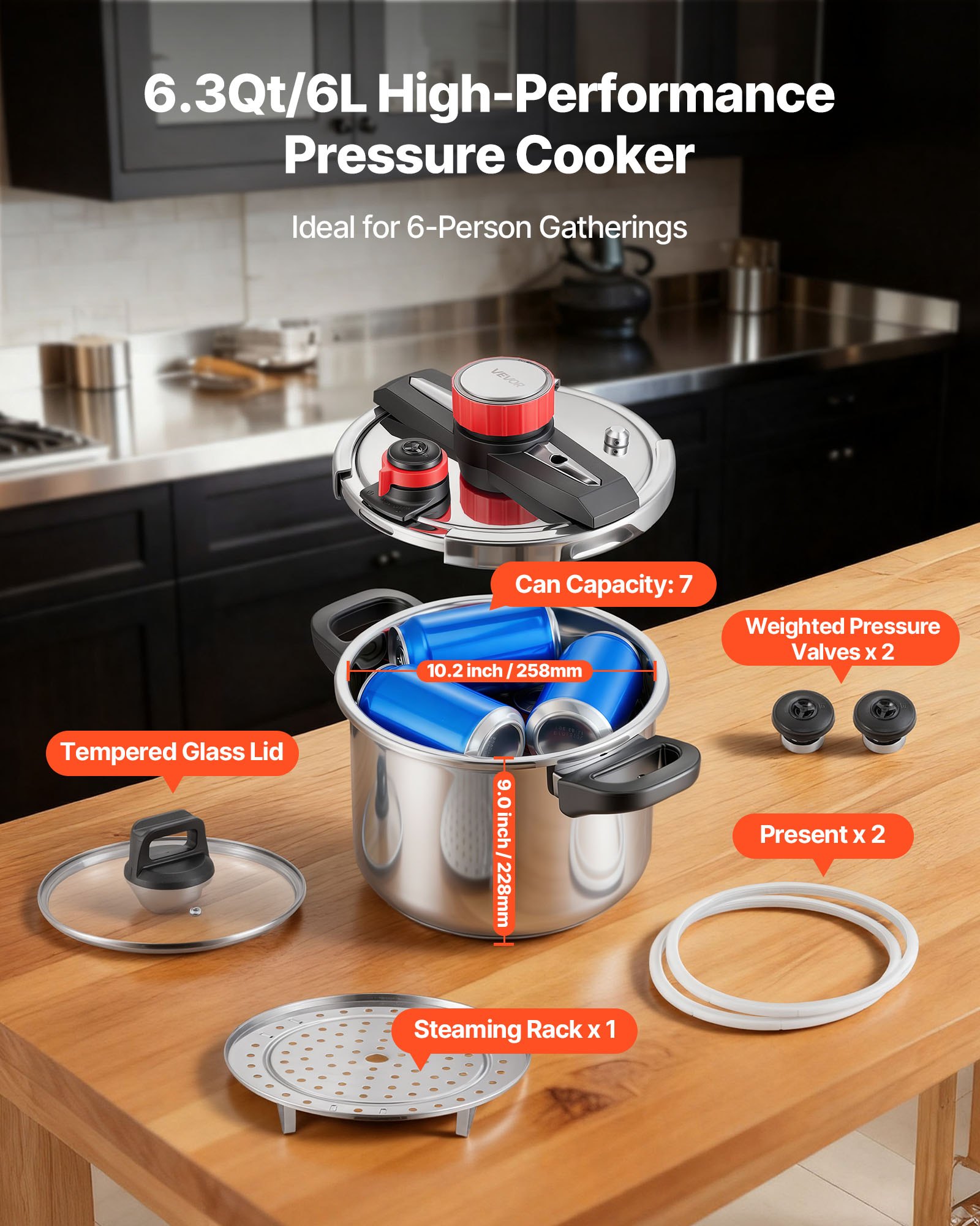 VEVOR Olla a Presión de 6 L, de Acero Inoxidable, con Rejilla para Cocinar al Vapor, Tapa de Vidrio Templado, Tres Configuraciones de Presión para Carne, Frijoles, Arroz, Sopa y Salsas. 100 kPa