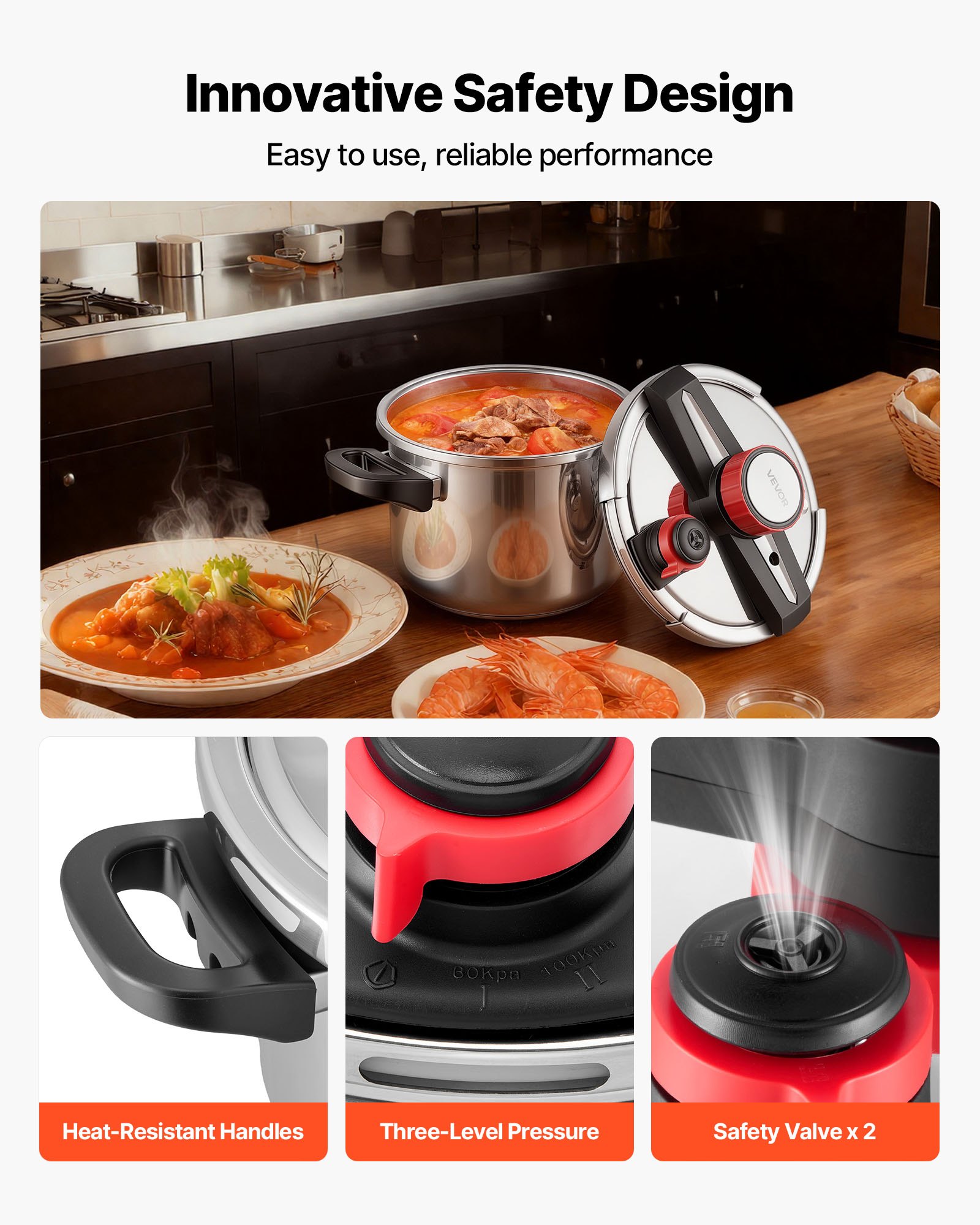 VEVOR Olla a Presión de 6 L, de Acero Inoxidable, con Rejilla para Cocinar al Vapor, Tapa de Vidrio Templado, Tres Configuraciones de Presión para Carne, Frijoles, Arroz, Sopa y Salsas. 100 kPa