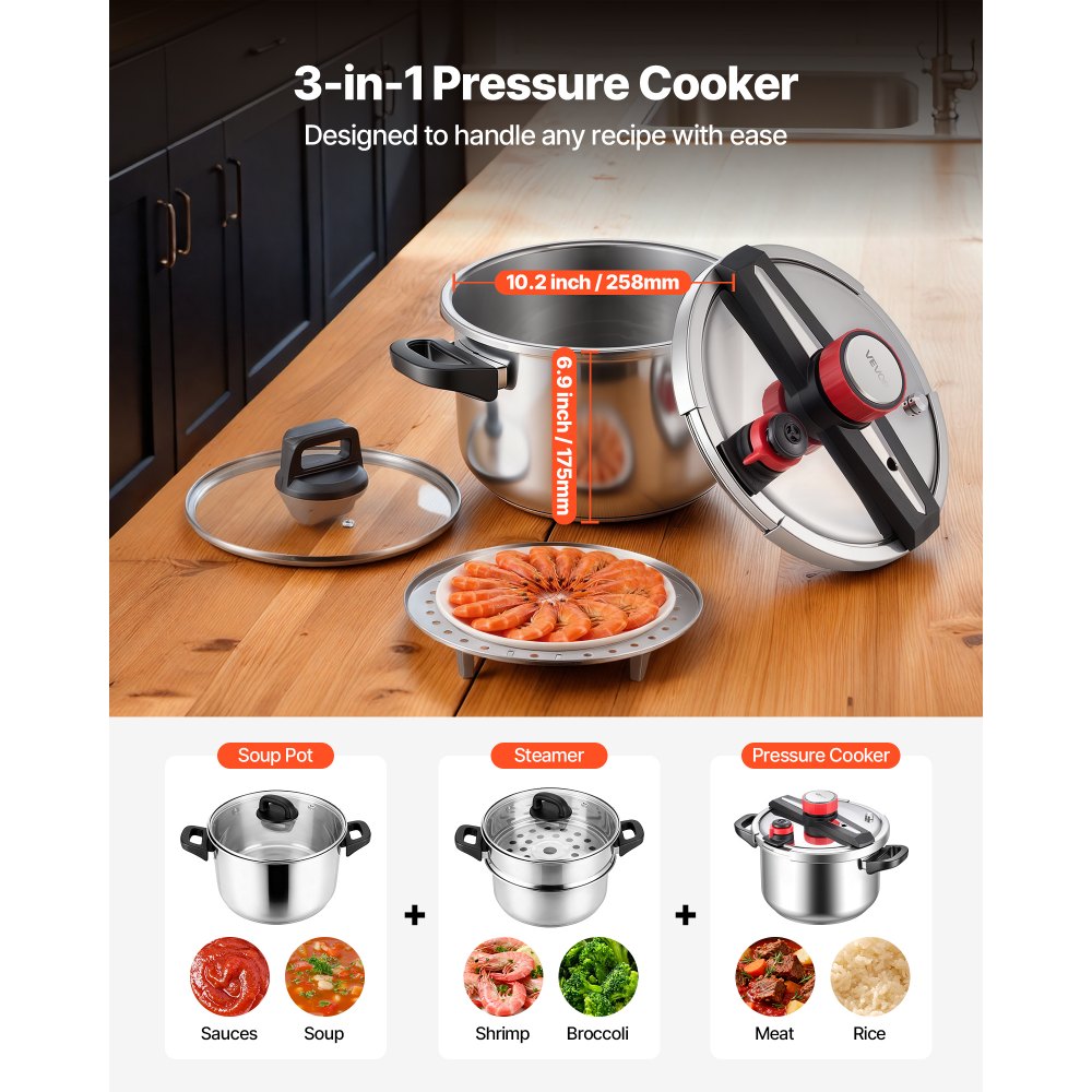 VEVOR Olla a Presión 9 L, Acero Inoxidable, con Rejilla para Cocinar al Vapor, Tapa de Vidrio Templado, 3 Configuraciones de Presión para Carne, Frijoles, Arroz, Sopa, 405 x 284 x 255/245 mm