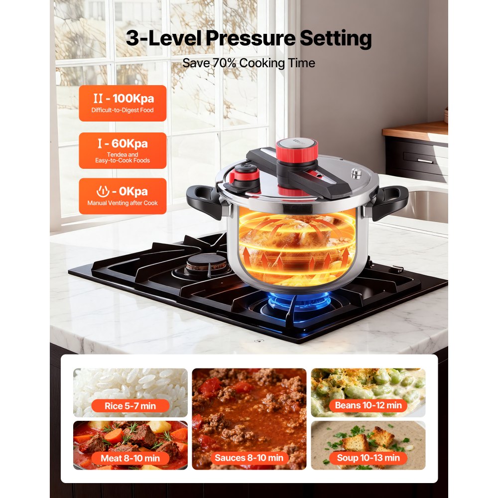 VEVOR Olla a Presión 9 L, Acero Inoxidable, con Rejilla para Cocinar al Vapor, Tapa de Vidrio Templado, 3 Configuraciones de Presión para Carne, Frijoles, Arroz, Sopa, 405 x 284 x 255/245 mm