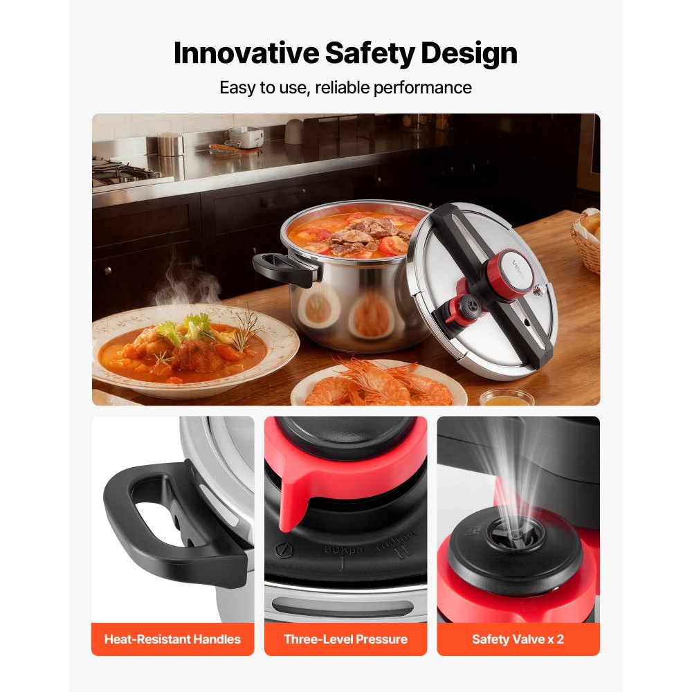 VEVOR Olla a Presión 9 L, Acero Inoxidable, con Rejilla para Cocinar al Vapor, Tapa de Vidrio Templado, 3 Configuraciones de Presión para Carne, Frijoles, Arroz, Sopa, 405 x 284 x 255/245 mm