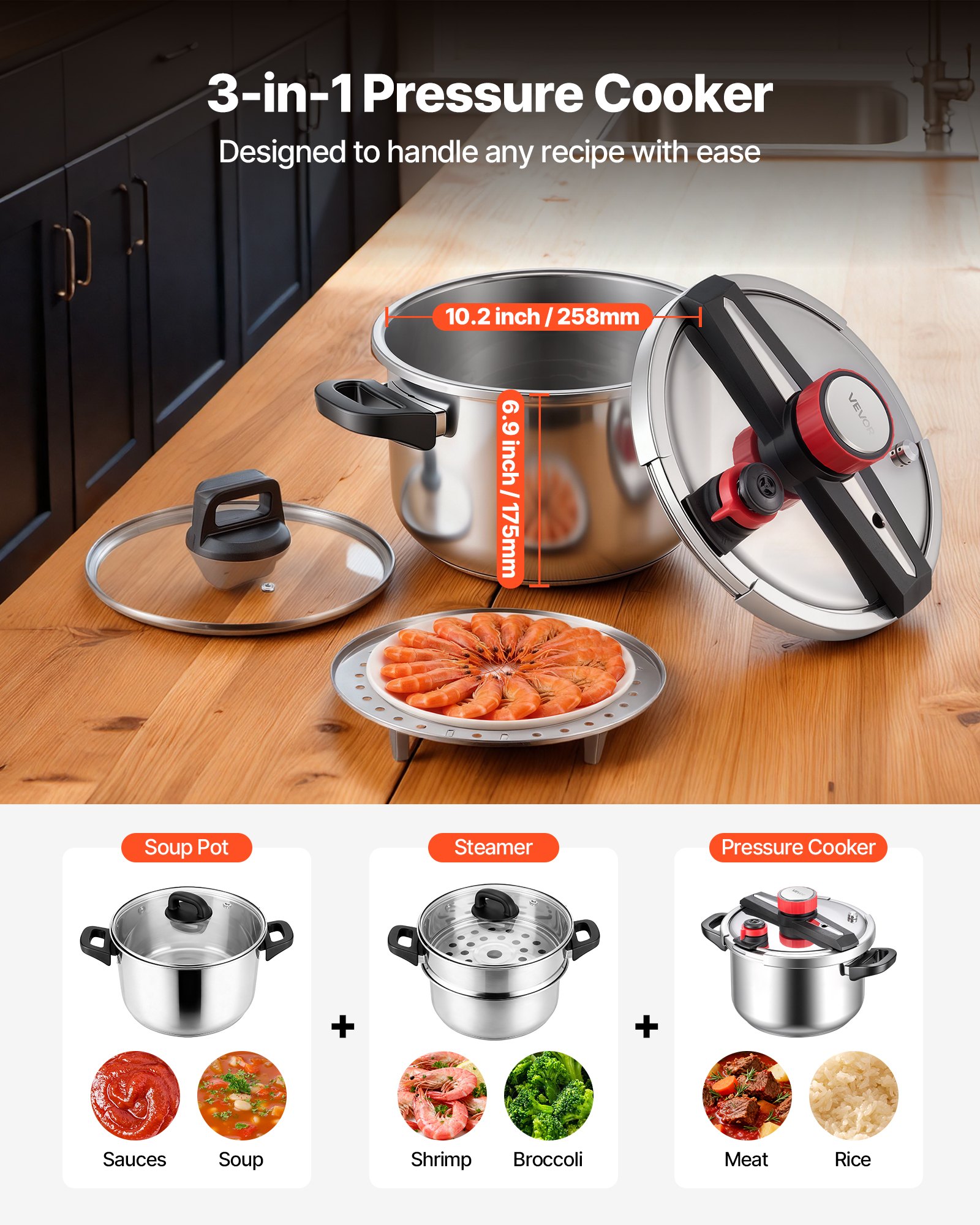VEVOR Olla a Presión 9 L, Acero Inoxidable, con Rejilla para Cocinar al Vapor, Tapa de Vidrio Templado, 3 Configuraciones de Presión para Carne, Frijoles, Arroz, Sopa, 405 x 284 x 255/245 mm